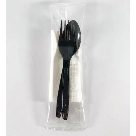 ช้อน+ส้อม+ทิชชู่ หุ้ม สีดำ 50คู่ (ก้านตอง)