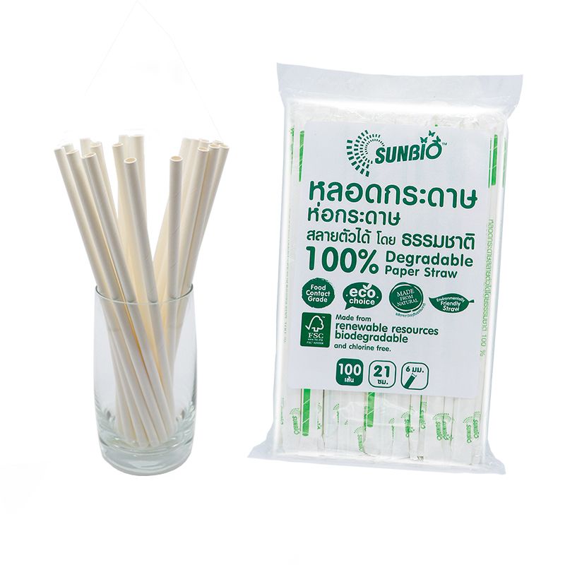 ซันไบโอ หลอดกระดาษตรง หุ้มเดี่ยว 6มม. x 21ซม. 100เส้น