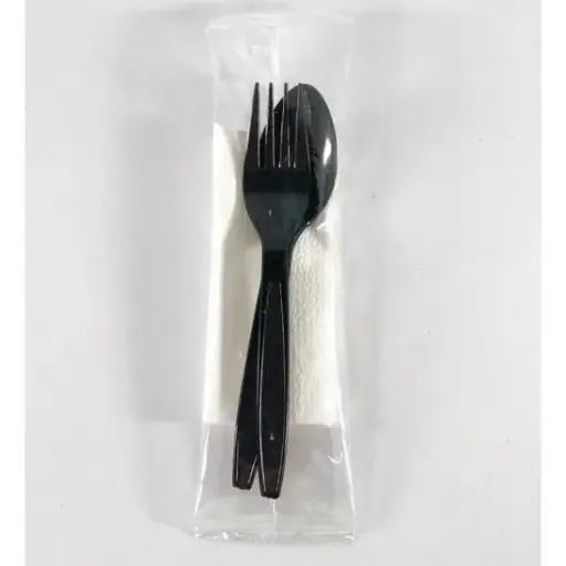[8858802857801] ช้อน+ส้อม+ทิชชู่ หุ้ม สีดำ 50คู่ (ก้านตอง)